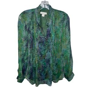 Coldwater Creek Women's Green Floral Sheer Long Sleeve Button Up Blouse PL 14